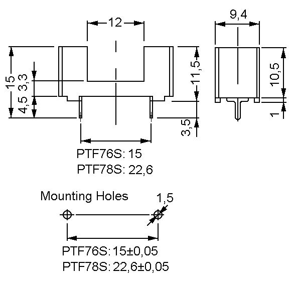 Zekering houder 5x20mm met deksel PCB zwart PTF78S BS232 afmetingen 01